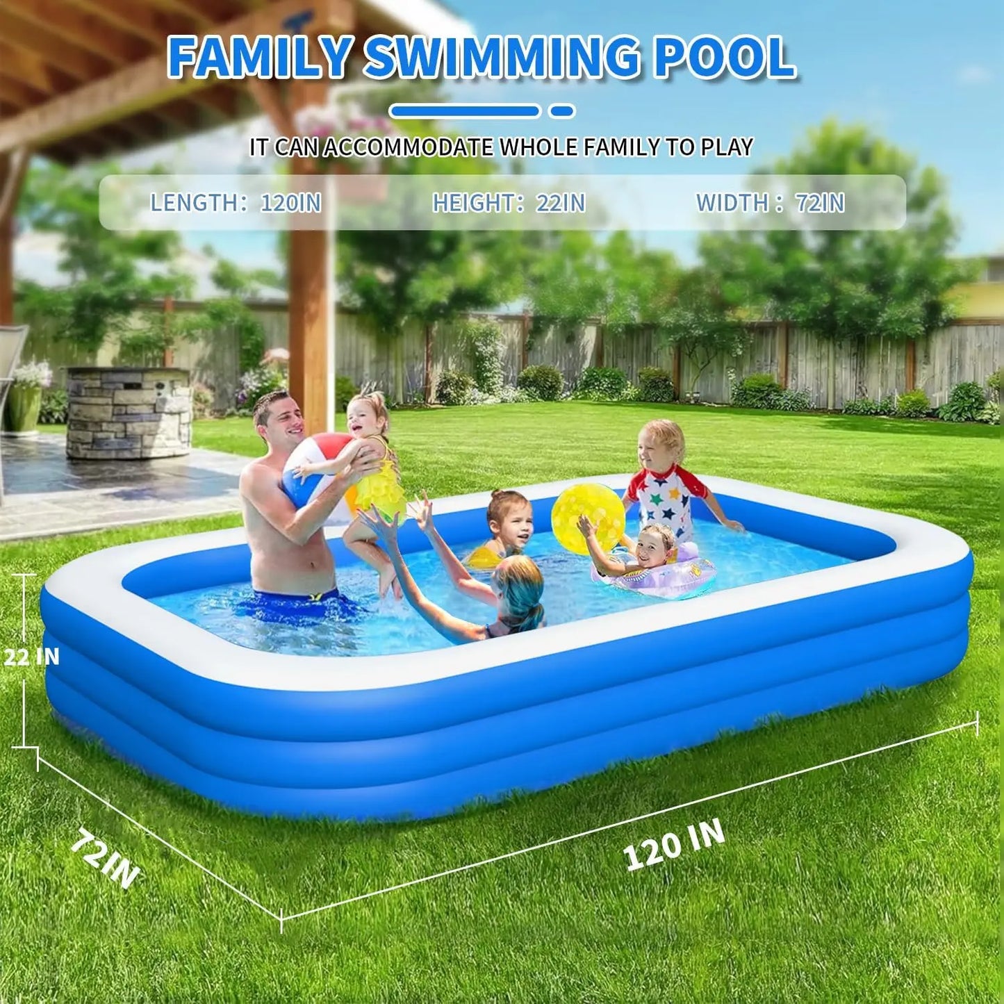 Large Family Inflatable Swimming Pool, 120x72x22 Inch Outdoor Backyard Pool for Adults and Kids