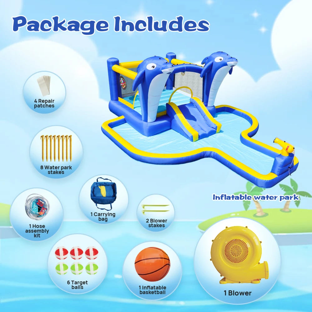 6 in1 Inflatable slide water park trampoline bouncing house outdoor garden with Dolphin sprinkler & Target games & Water gun