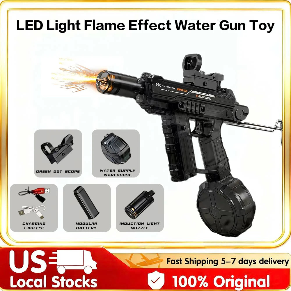 Rechargeable Automatic Electric Water Gun High Capacity Long Range LED Flame Light Burst Water Gun Portable Kids Water Game Toys