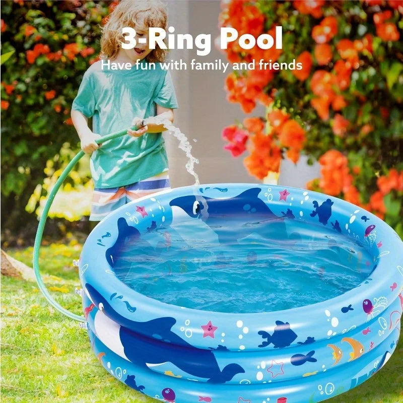 Joyfy Inflatable Kiddie Pool 34"x10" Blow Up Kid Swimming Pool 3 Rings Blue Baby Pool for Kids Summer Water Party Swimming Pool