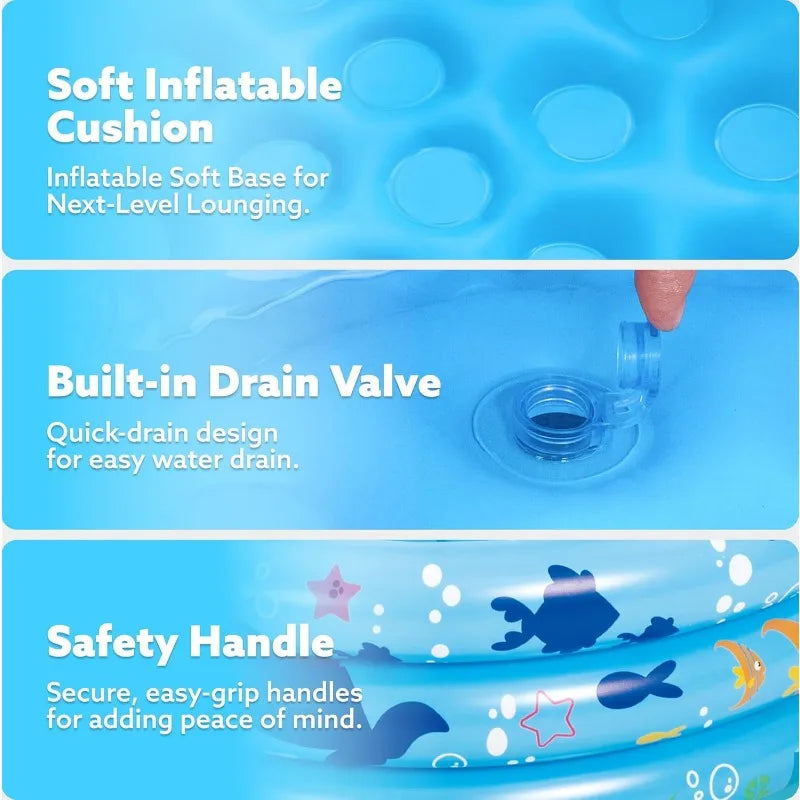 Joyfy Inflatable Kiddie Pool 34"x10" Blow Up Kid Swimming Pool 3 Rings Blue Baby Pool for Kids Summer Water Party Swimming Pool