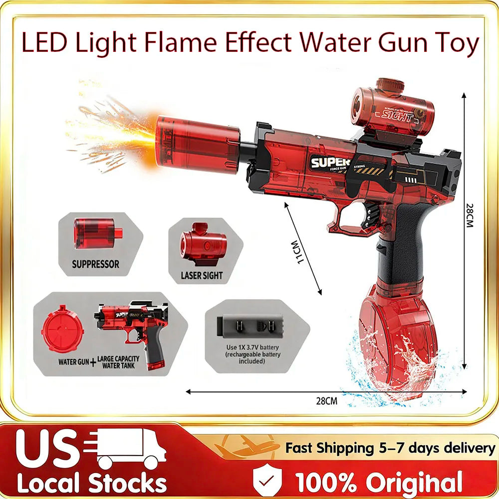 Rechargeable Automatic Electric Water Gun High Capacity Long Range LED Flame Light Burst Water Gun Portable Kids Water Game Toys