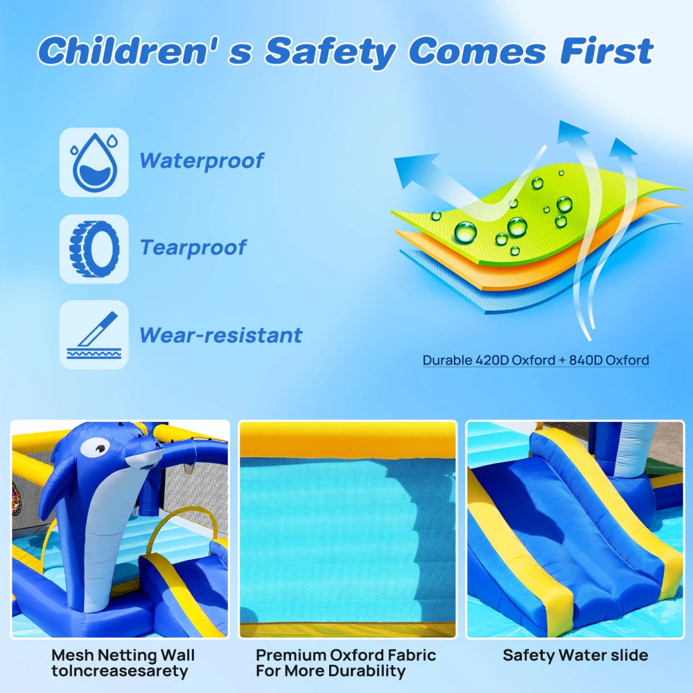 6 in1 Inflatable slide water park trampoline bouncing house outdoor garden with  Dolphin sprinkler & Target games & Water gun