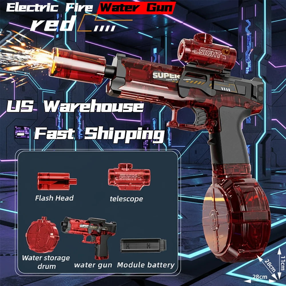 Rechargeable Automatic Electric Water Gun High Capacity Long Range LED Flame Light Burst Water Gun Portable Kids Water Game Toys