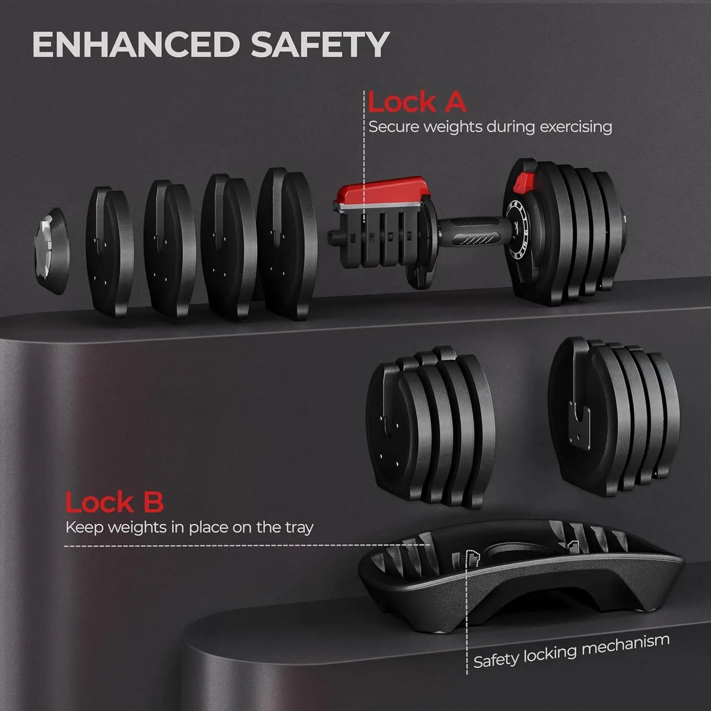 Adjustable Dumbbell Set 28-90 LBS With Anti Slip Handle Tray
