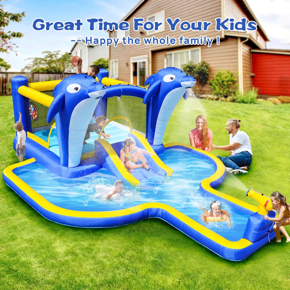 6 in1 Inflatable slide water park trampoline bouncing house outdoor garden with  Dolphin sprinkler & Target games & Water gun